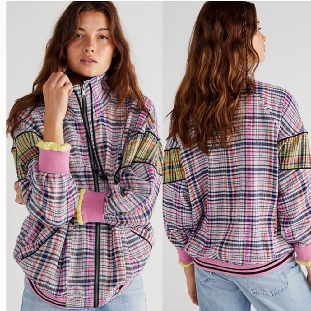 We The Free Pink and Green Bomber Jacket with Ribbed Trim Size S